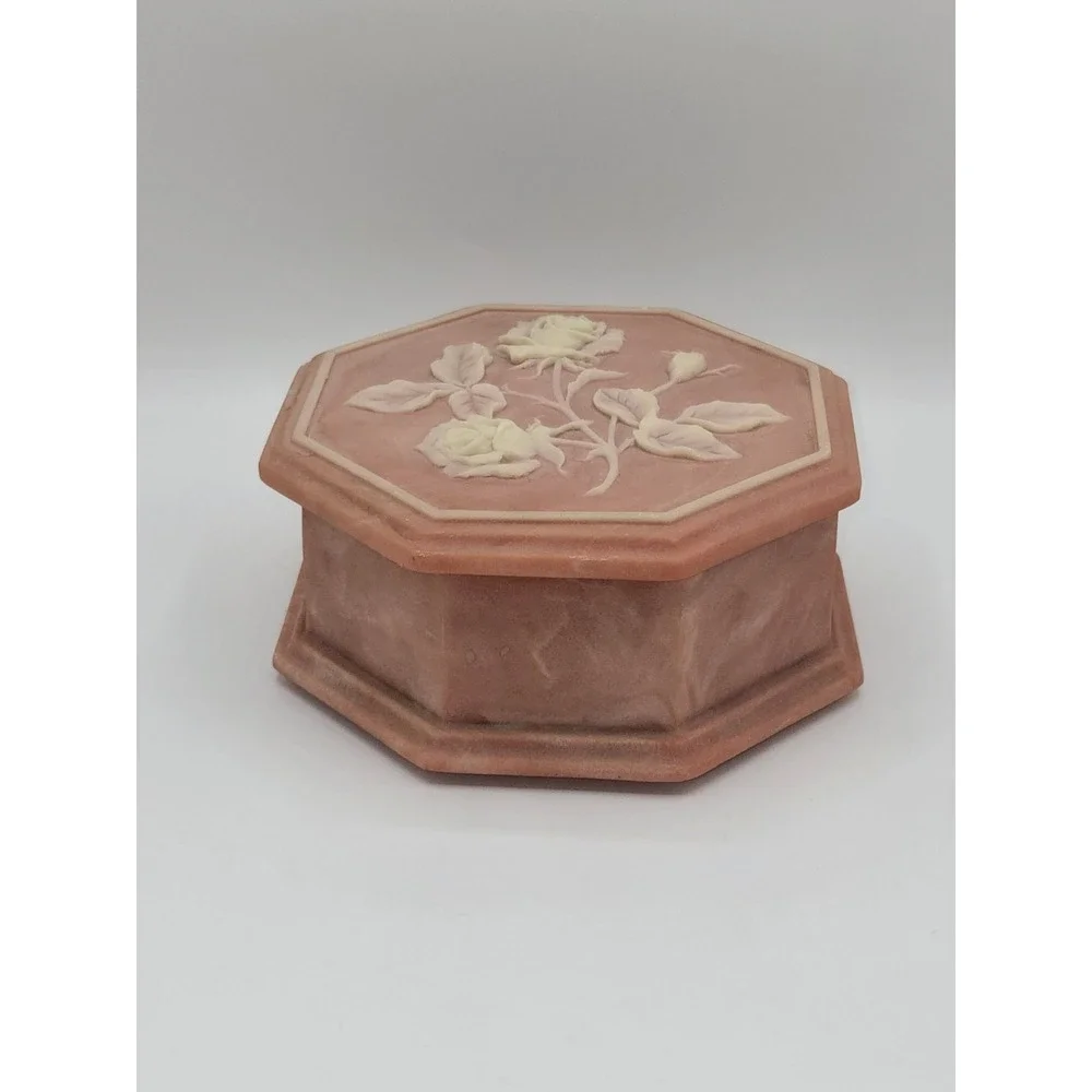 Vintage Soapstone Rose Music Box Octagon Jewelry Trinket Box 1974